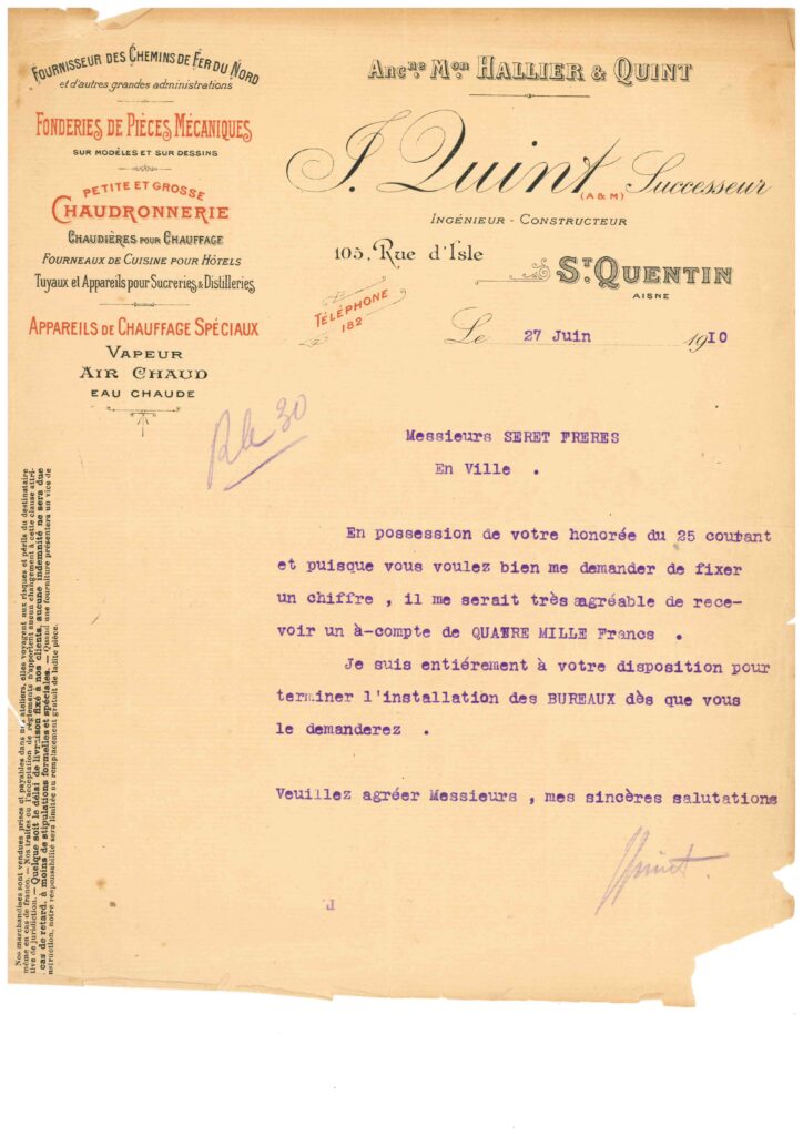 Lettre de demande acompte en 1910